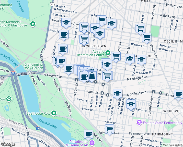 map of restaurants, bars, coffee shops, grocery stores, and more near 2726 West Cabot Street in Philadelphia