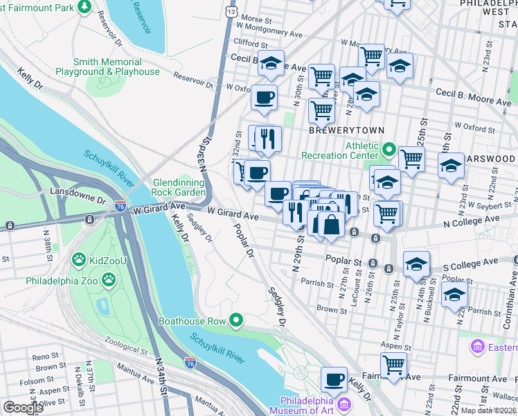 map of restaurants, bars, coffee shops, grocery stores, and more near 3029 West Girard Avenue in Philadelphia