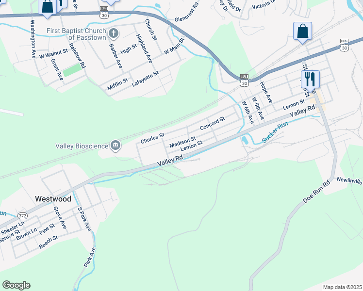 map of restaurants, bars, coffee shops, grocery stores, and more near 910 Madison Street in Coatesville