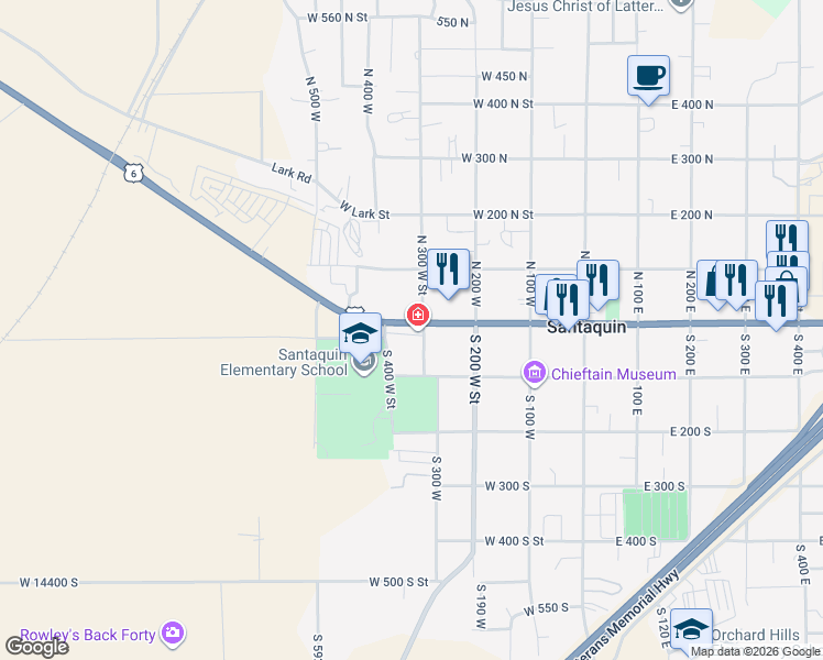 map of restaurants, bars, coffee shops, grocery stores, and more near 327 West Main Street in Santaquin