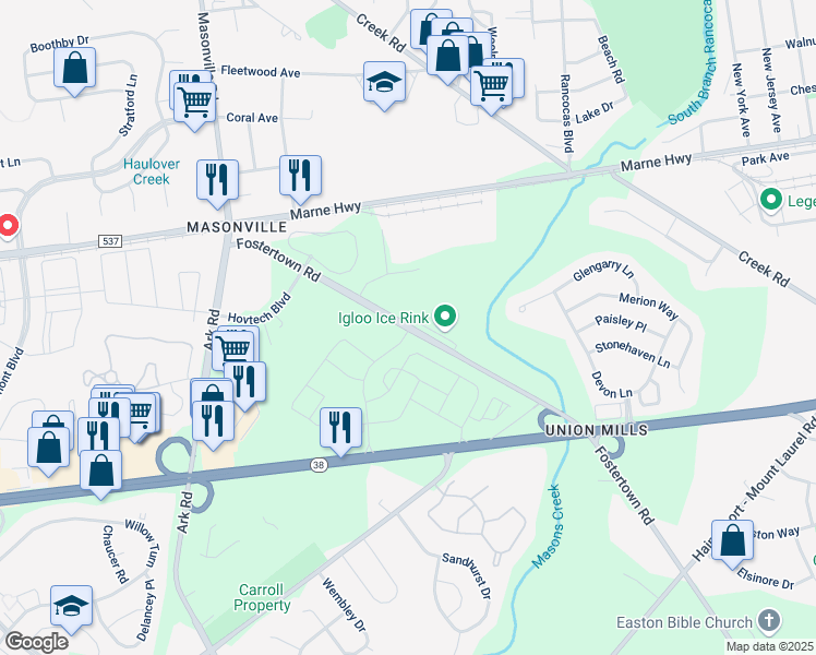 map of restaurants, bars, coffee shops, grocery stores, and more near 3044 Fostertown Road in Mount Laurel Township