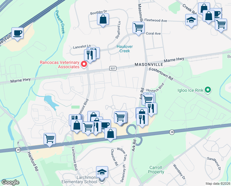 map of restaurants, bars, coffee shops, grocery stores, and more near 3907A Adelaide Drive in Mount Laurel Township