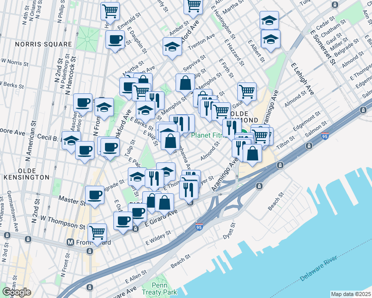 map of restaurants, bars, coffee shops, grocery stores, and more near 802 Belgrade Street in Philadelphia