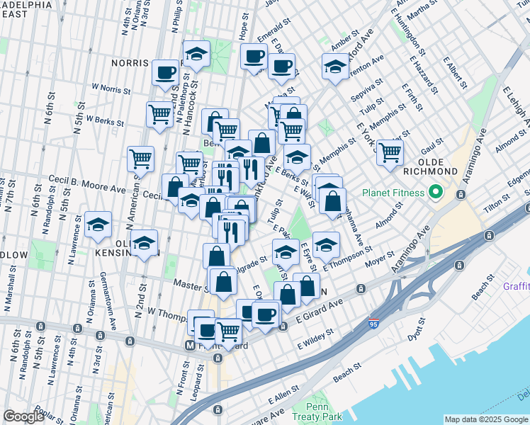 map of restaurants, bars, coffee shops, grocery stores, and more near 5916 Chestnut Street in Philadelphia