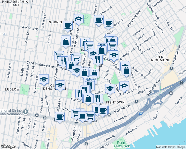map of restaurants, bars, coffee shops, grocery stores, and more near 1712 Frankford Avenue in Philadelphia