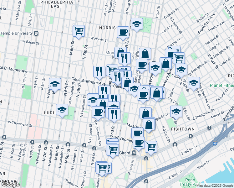 map of restaurants, bars, coffee shops, grocery stores, and more near 1617 North 2nd Street in Philadelphia