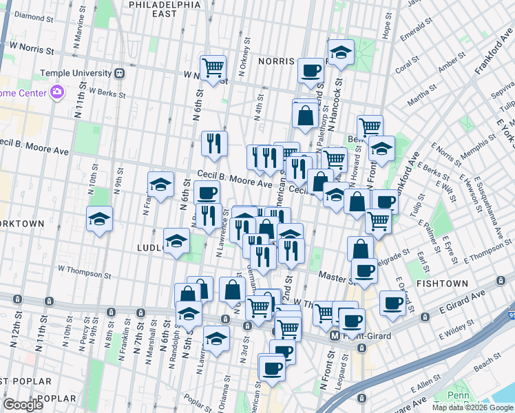 map of restaurants, bars, coffee shops, grocery stores, and more near 266 West Oxford Street in Philadelphia