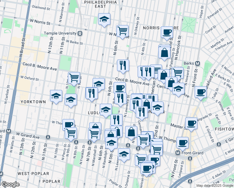 map of restaurants, bars, coffee shops, grocery stores, and more near 1536 North 5th Street in Philadelphia