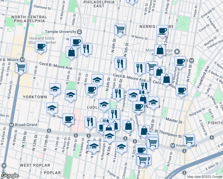 map of restaurants, bars, coffee shops, grocery stores, and more near 1602 North Randolph Street in Philadelphia
