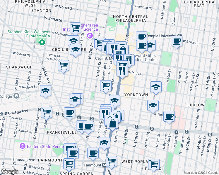 map of restaurants, bars, coffee shops, grocery stores, and more near in Philadelphia