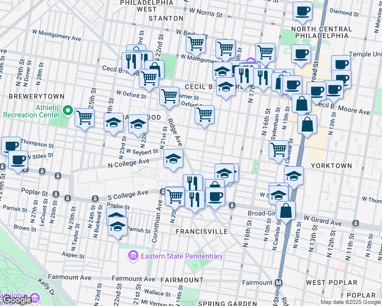 map of restaurants, bars, coffee shops, grocery stores, and more near 1949 Ridge Avenue in Philadelphia