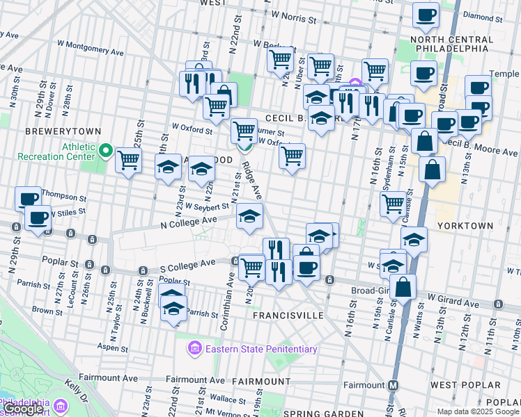 map of restaurants, bars, coffee shops, grocery stores, and more near 2004 Ridge Avenue in Philadelphia