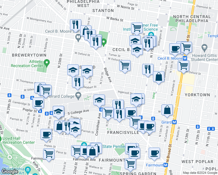 map of restaurants, bars, coffee shops, grocery stores, and more near 2031 North College Avenue in Philadelphia