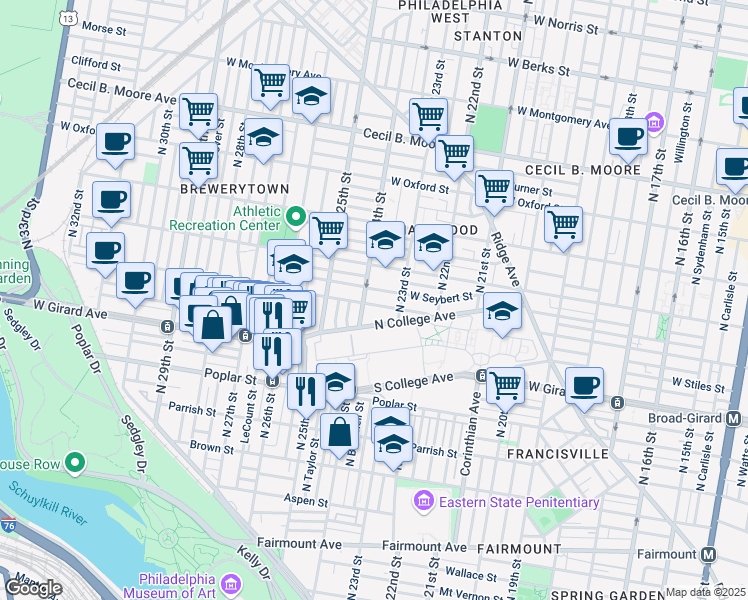 map of restaurants, bars, coffee shops, grocery stores, and more near 1210 North 24th Street in Philadelphia