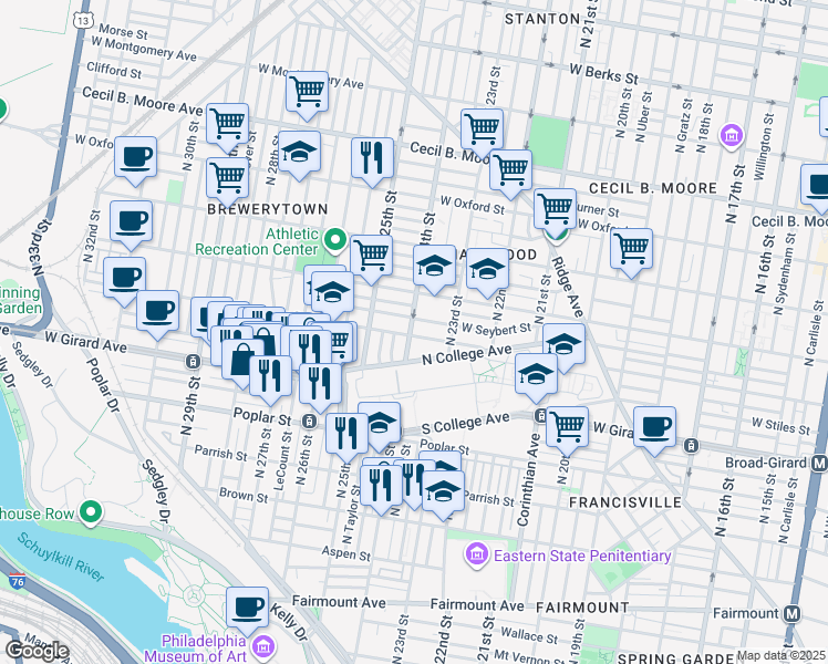 map of restaurants, bars, coffee shops, grocery stores, and more near 1210 North 24th Street in Philadelphia