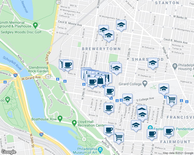 map of restaurants, bars, coffee shops, grocery stores, and more near 1227 North 28th Street in Philadelphia