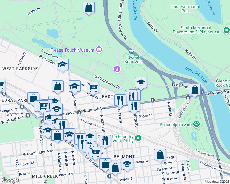map of restaurants, bars, coffee shops, grocery stores, and more near 1234 North 41st Street in Philadelphia