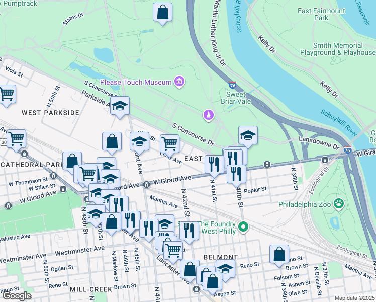 map of restaurants, bars, coffee shops, grocery stores, and more near 4165 Leidy Avenue in Philadelphia