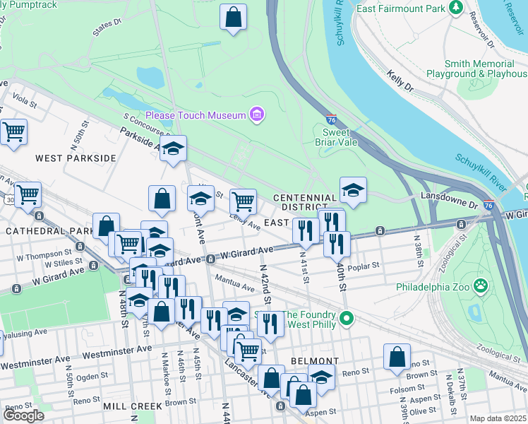 map of restaurants, bars, coffee shops, grocery stores, and more near 4165 Leidy Avenue in Philadelphia