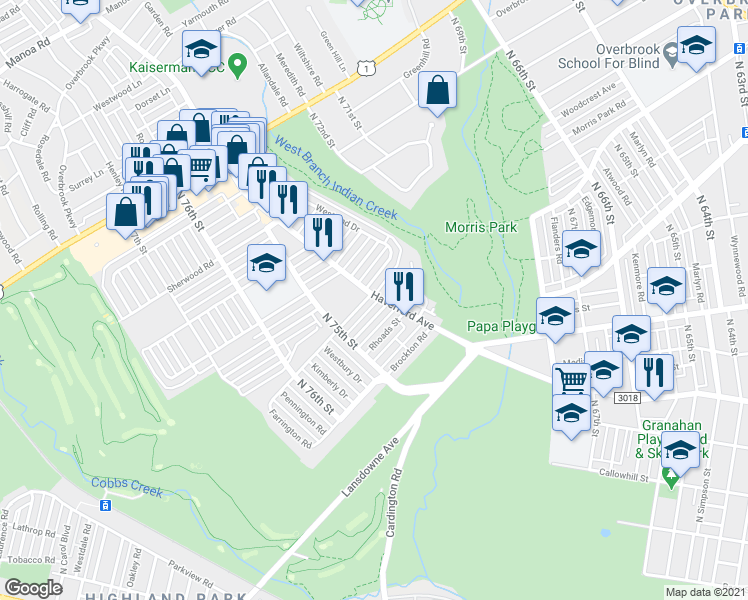 map of restaurants, bars, coffee shops, grocery stores, and more near 7407 Ruskin Road in Philadelphia