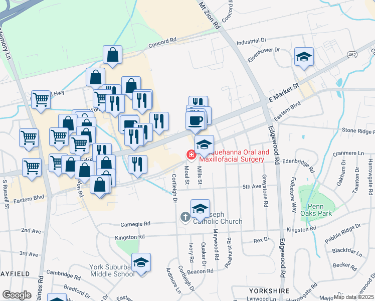 map of restaurants, bars, coffee shops, grocery stores, and more near 2901 Eastern Boulevard in East York
