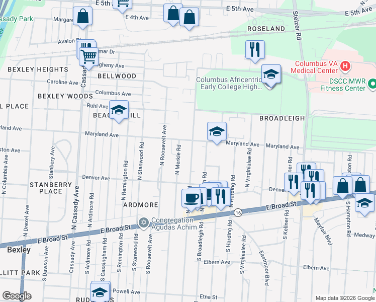map of restaurants, bars, coffee shops, grocery stores, and more near 185 North Gould Road in Columbus