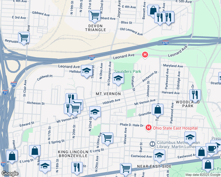 map of restaurants, bars, coffee shops, grocery stores, and more near 1294 Atcheson Street in Columbus