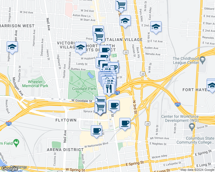 map of restaurants, bars, coffee shops, grocery stores, and more near 625 North High Street in Columbus