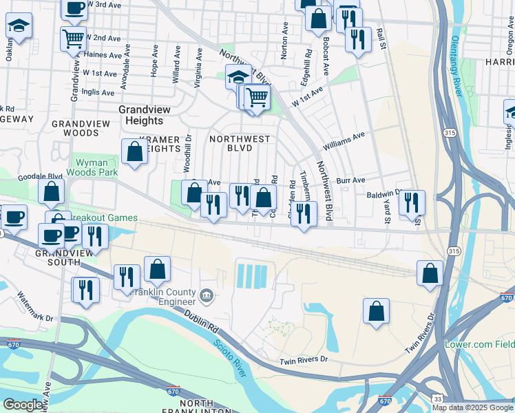 map of restaurants, bars, coffee shops, grocery stores, and more near 1144 Goodale Boulevard in Columbus