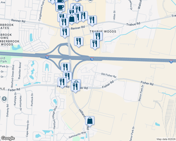 map of restaurants, bars, coffee shops, grocery stores, and more near 1150 Gabrielle Elaine Drive in Columbus