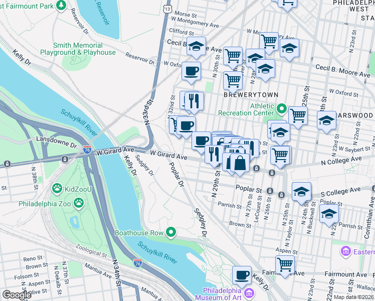 map of restaurants, bars, coffee shops, grocery stores, and more near 3029 West Girard Avenue in Philadelphia