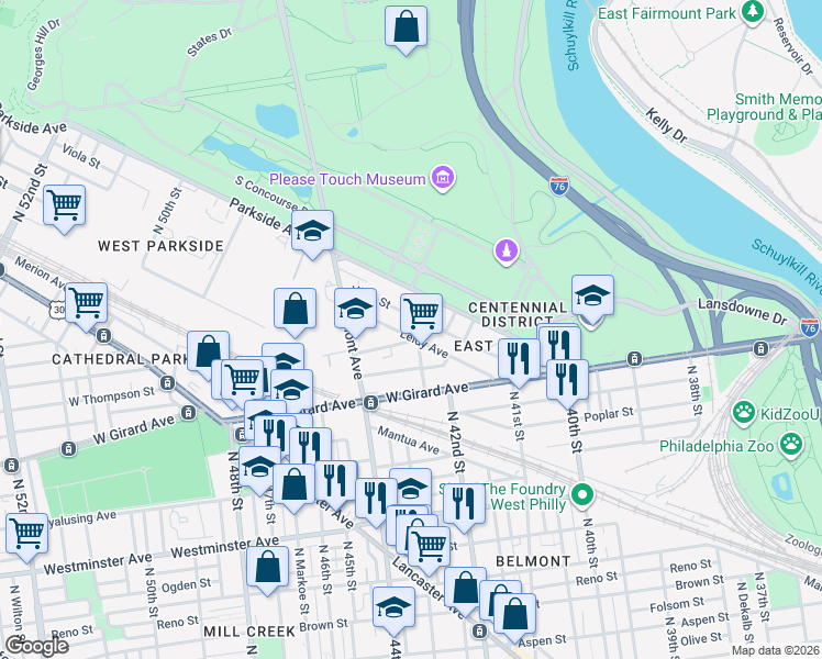 map of restaurants, bars, coffee shops, grocery stores, and more near 4178 Leidy Avenue in Philadelphia
