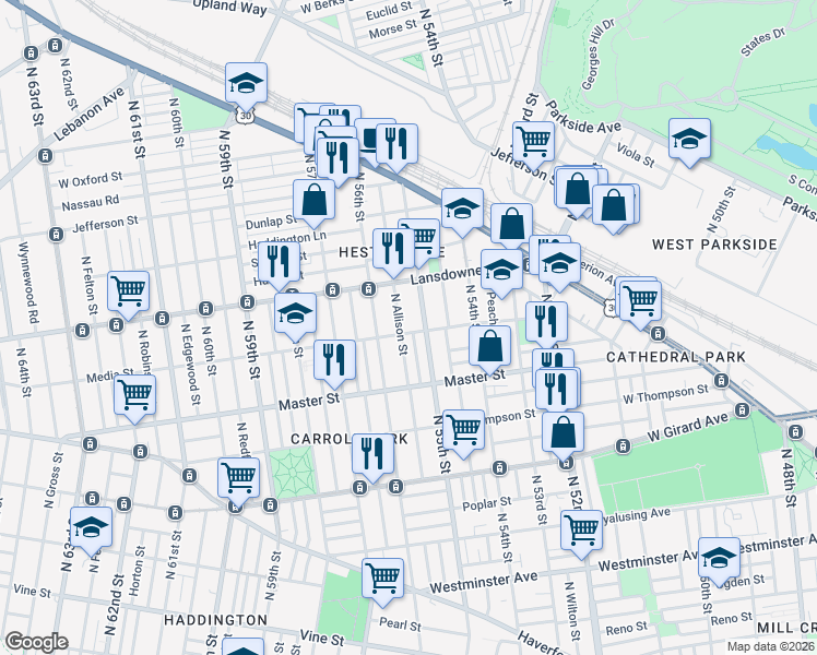 map of restaurants, bars, coffee shops, grocery stores, and more near 5549 Media Street in Philadelphia