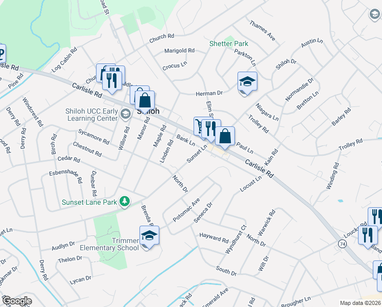 map of restaurants, bars, coffee shops, grocery stores, and more near 2261 Sunset Lane in York