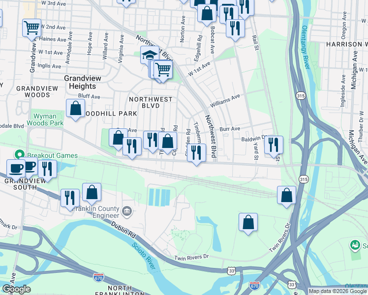 map of restaurants, bars, coffee shops, grocery stores, and more near 790 Copeland Road in Grandview