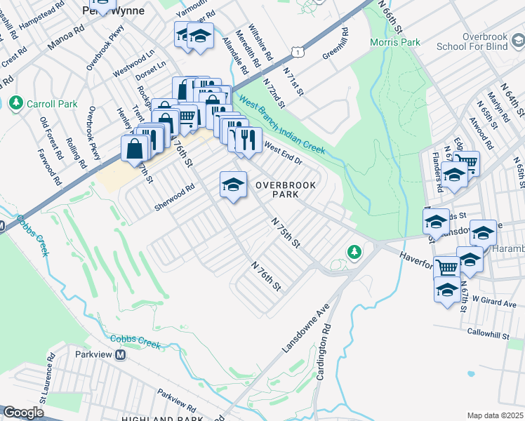 map of restaurants, bars, coffee shops, grocery stores, and more near 7500 Woodbine Avenue in Philadelphia