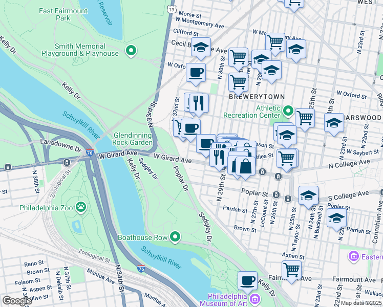 map of restaurants, bars, coffee shops, grocery stores, and more near 3042 West Stiles Street in Philadelphia