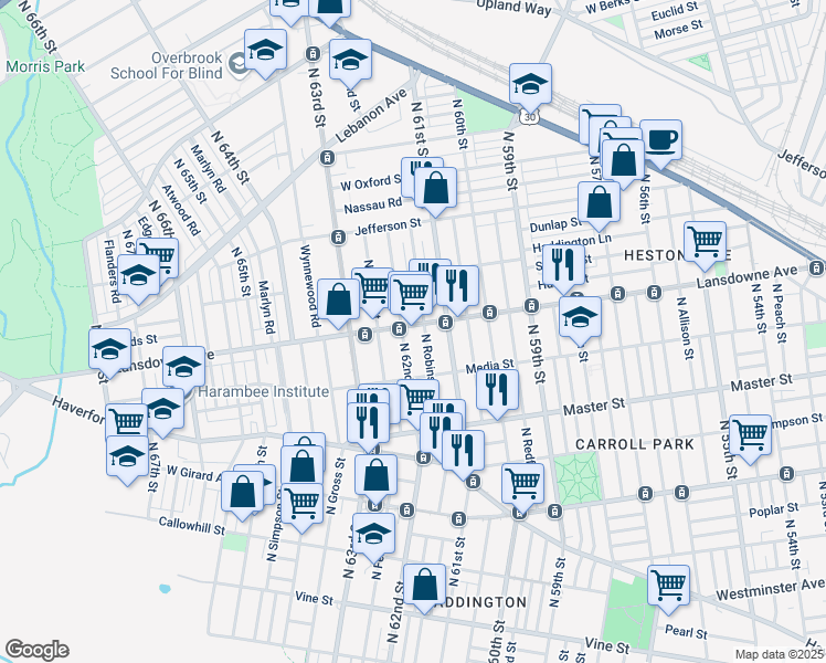 map of restaurants, bars, coffee shops, grocery stores, and more near 6140 Lansdowne Avenue in Philadelphia