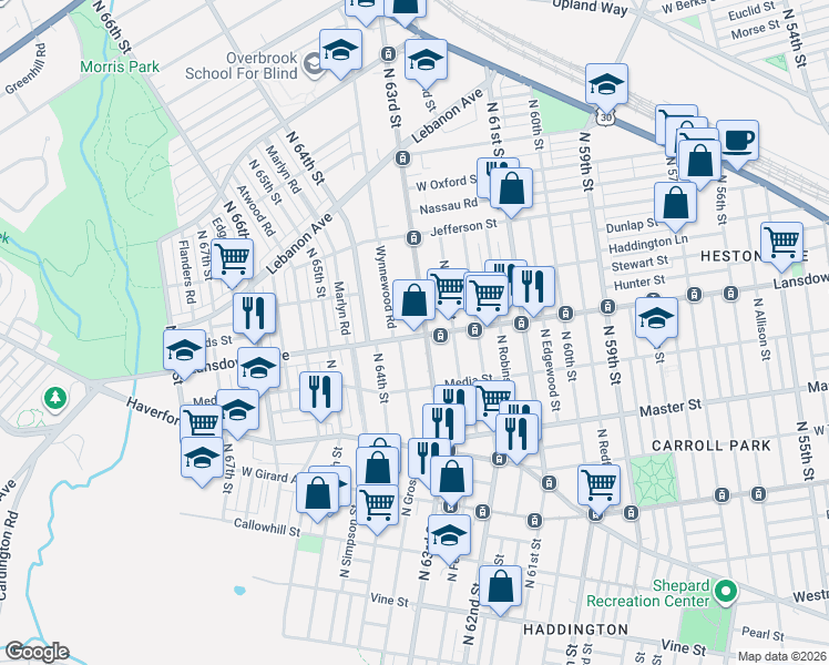 map of restaurants, bars, coffee shops, grocery stores, and more near 800 North 63rd Street in Philadelphia
