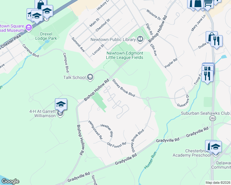 map of restaurants, bars, coffee shops, grocery stores, and more near 47 Hunters Run in Newtown Square