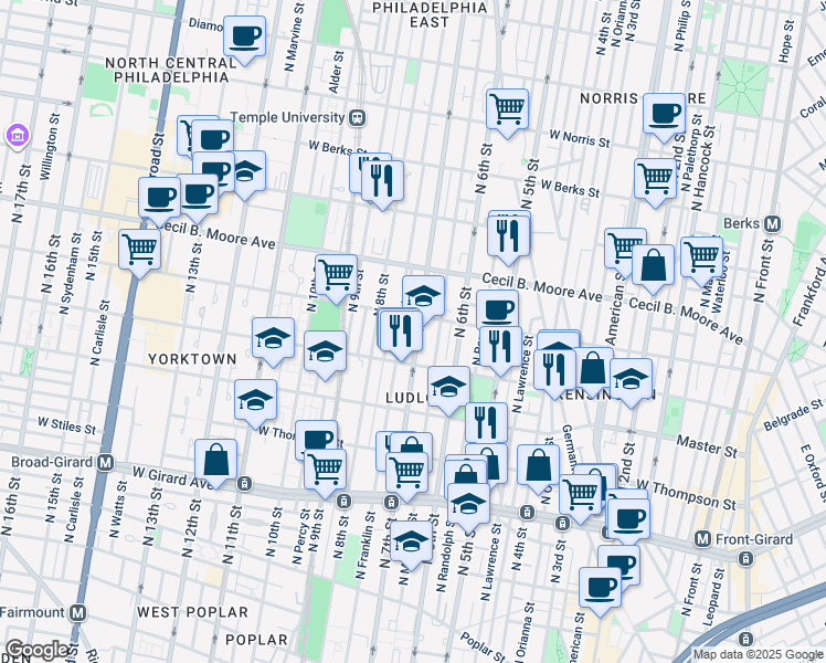 map of restaurants, bars, coffee shops, grocery stores, and more near 1517 North 7th Street in Philadelphia