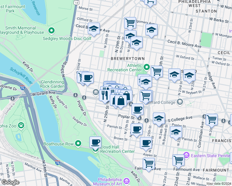 map of restaurants, bars, coffee shops, grocery stores, and more near 1232 North Newkirk Street in Philadelphia