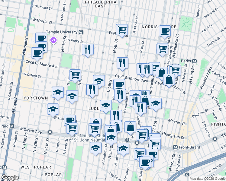 map of restaurants, bars, coffee shops, grocery stores, and more near 1602 North Randolph Street in Philadelphia