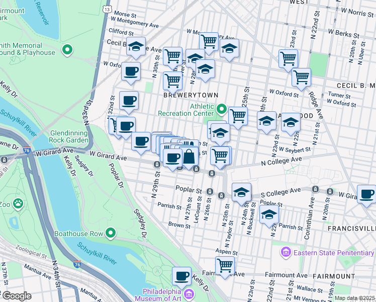 map of restaurants, bars, coffee shops, grocery stores, and more near 2726 West Cabot Street in Philadelphia