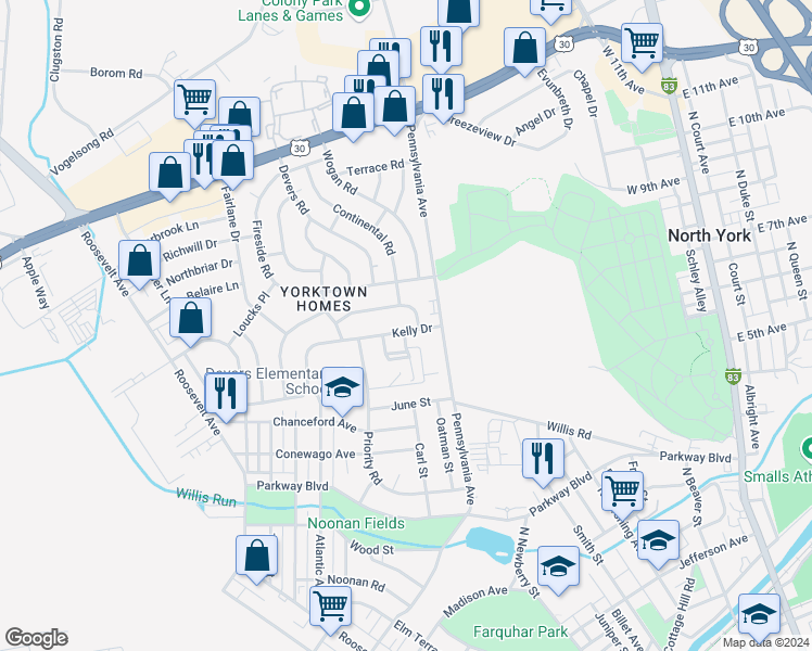 map of restaurants, bars, coffee shops, grocery stores, and more near 719 Kelly Drive in York