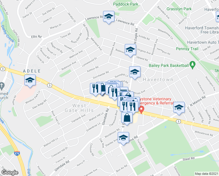 map of restaurants, bars, coffee shops, grocery stores, and more near 1427 Brierwood Road in Havertown