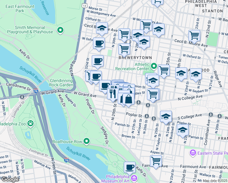 map of restaurants, bars, coffee shops, grocery stores, and more near 1221 North Hollywood Street in Philadelphia