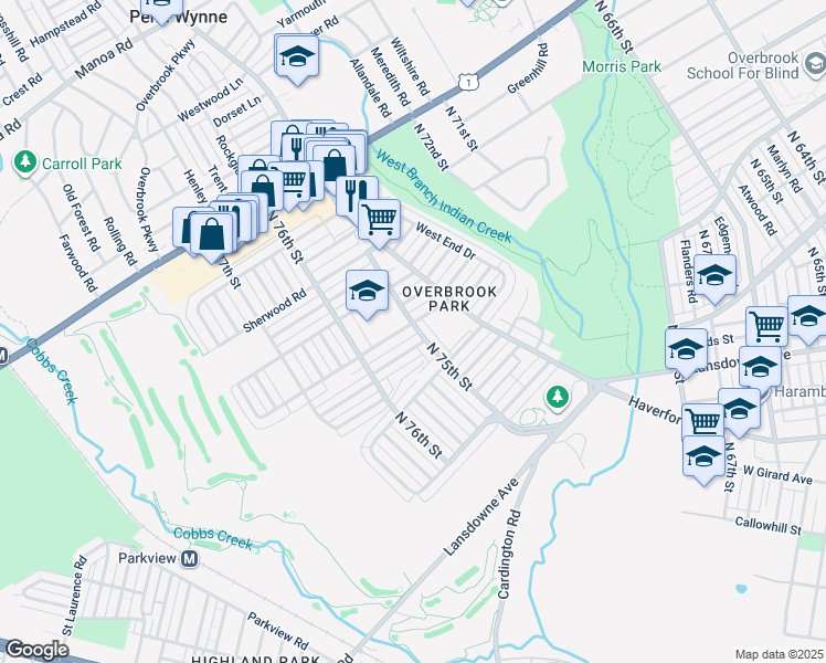 map of restaurants, bars, coffee shops, grocery stores, and more near 7500 Woodbine Avenue in Philadelphia