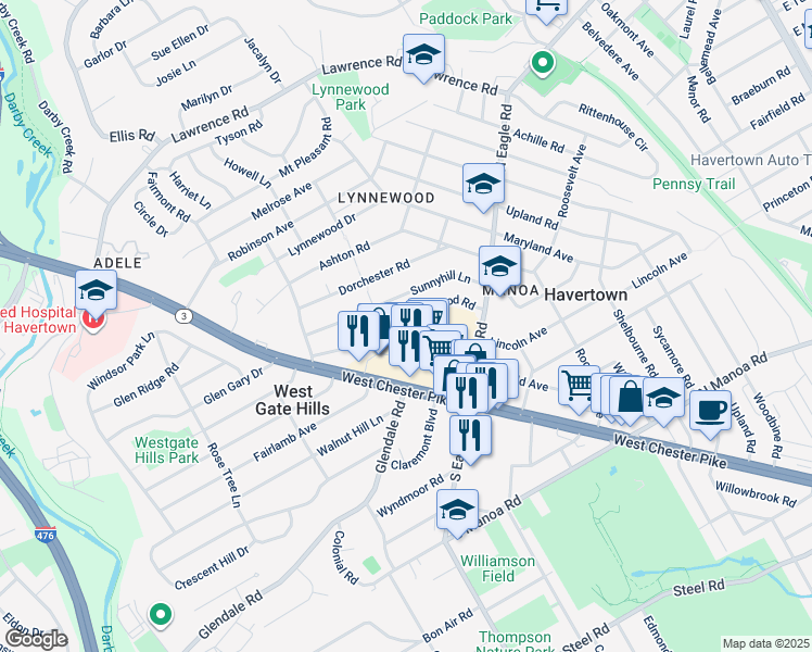 map of restaurants, bars, coffee shops, grocery stores, and more near 1427 Brierwood Road in Havertown
