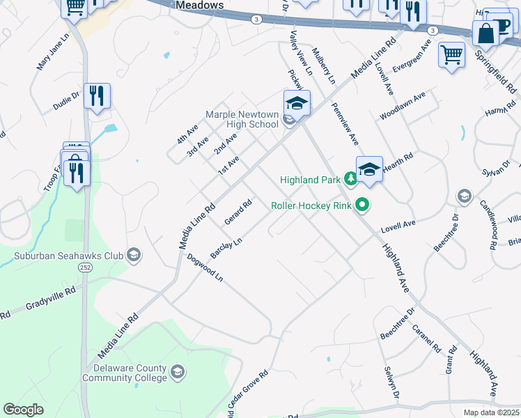 map of restaurants, bars, coffee shops, grocery stores, and more near 3086 Stirling Road in Broomall